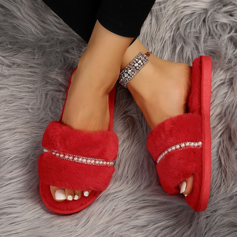 Plush Slippers with Pearls