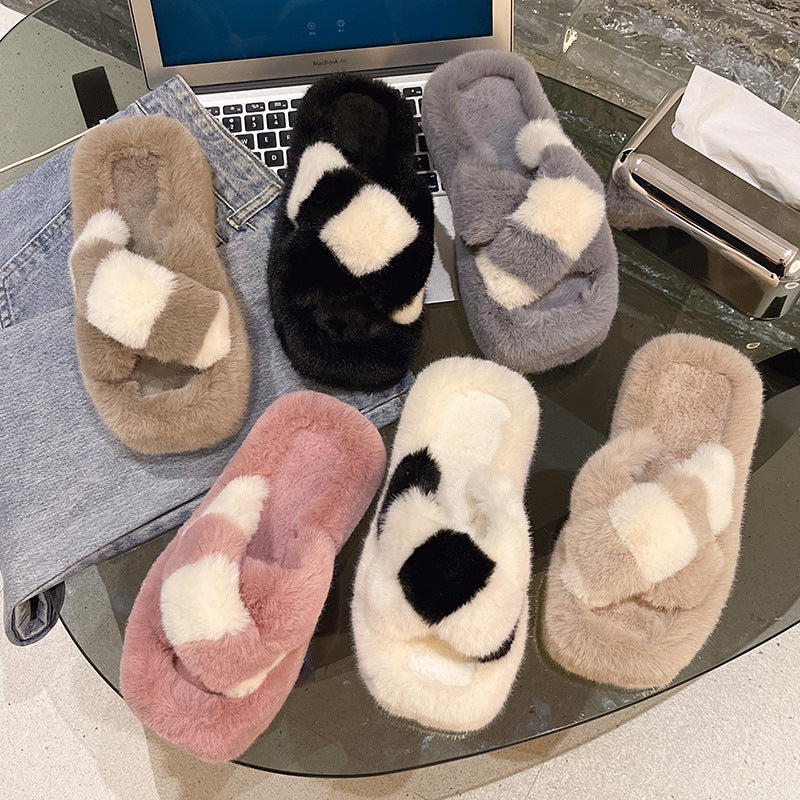 Cross-Strap Fuzzy House Slippers