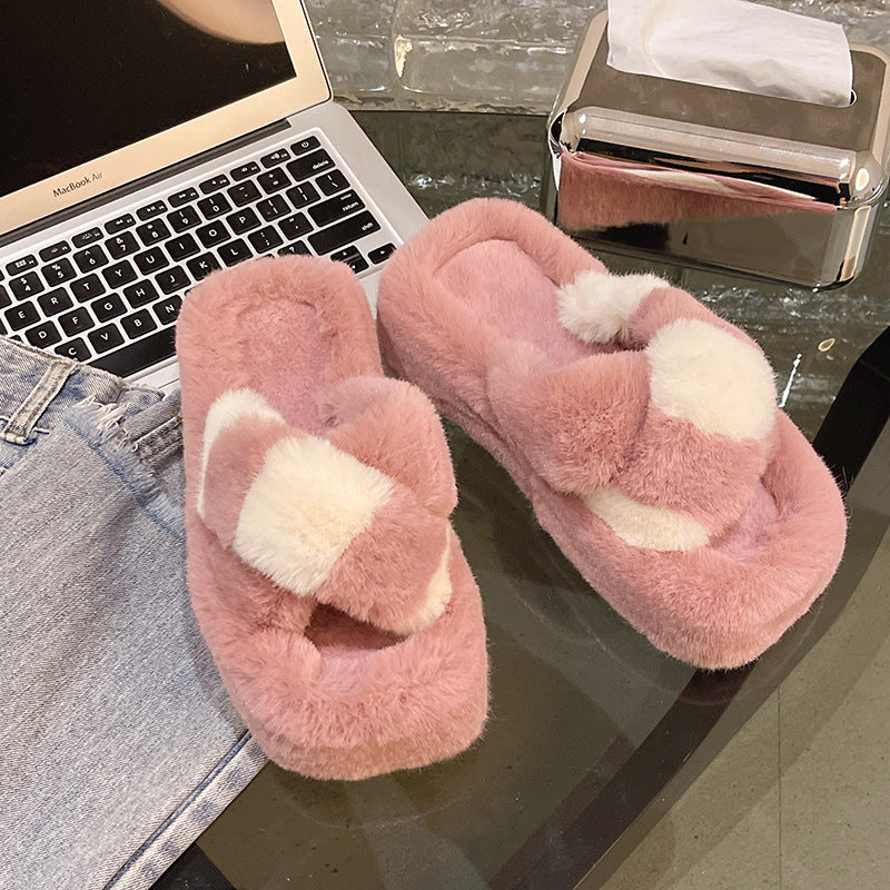 Cross-Strap Fuzzy House Slippers